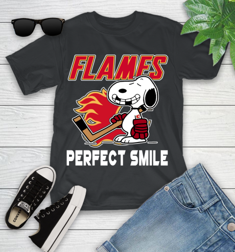 NHL Calgary Flames Snoopy Perfect Smile The Peanuts Movie Hockey T Shirt Youth T-Shirt
