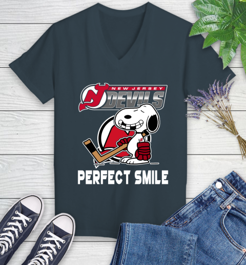 NHL New Jersey Devils Snoopy Perfect Smile The Peanuts Movie Hockey T Shirt Women's V-Neck T-Shirt 8