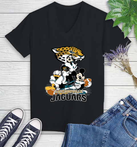 NFL Jacksonville Jaguars Mickey Mouse Donald Duck Goofy Football Shirt Women's V-Neck T-Shirt