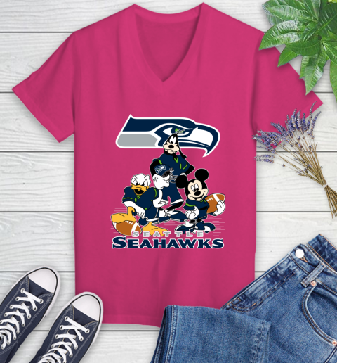 NFL Seattle Seahawks Mickey Mouse Donald Duck Goofy Football Shirt Women's V-Neck T-Shirt 9