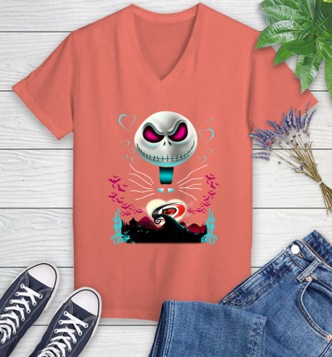 NHL Carolina Hurricanes Jack Skellington Sally The Nightmare Before Christmas Hockey T Shirt Women's V-Neck T-Shirt 6