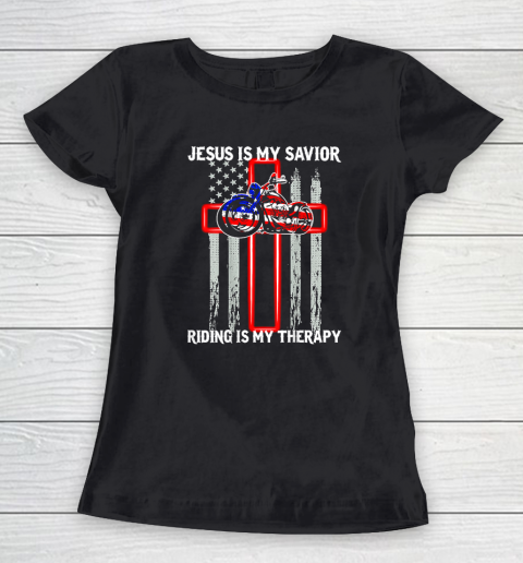 Jesus Is My Savior Riding Is My Therapy American Flag Cross Women's T-Shirt