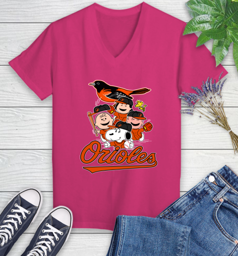 MLB Baltimore Orioles Snoopy Charlie Brown Woodstock The Peanuts Movie Baseball T Shirt_000 Women's V-Neck T-Shirt 9