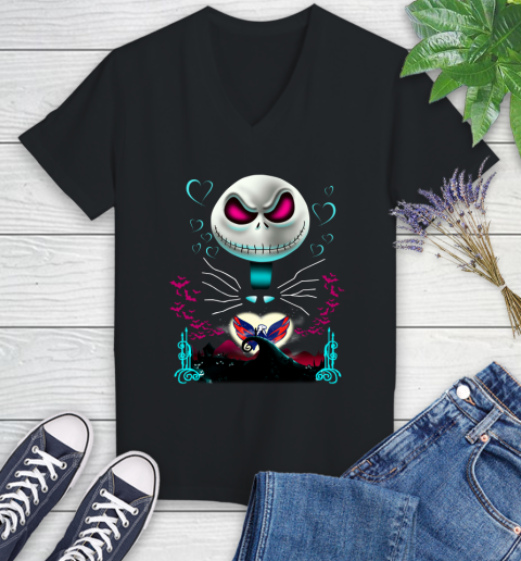 NHL Washington Capitals Jack Skellington Sally The Nightmare Before Christmas Hockey Women's V-Neck T-Shirt