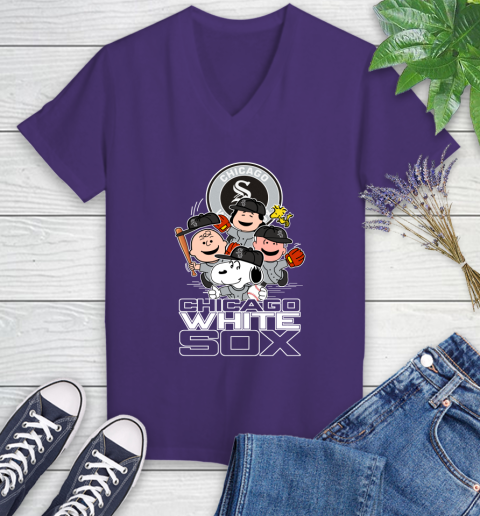 MLB Chicago White Sox Snoopy Charlie Brown Woodstock The Peanuts Movie Baseball T Shirt_000 Women's V-Neck T-Shirt 3