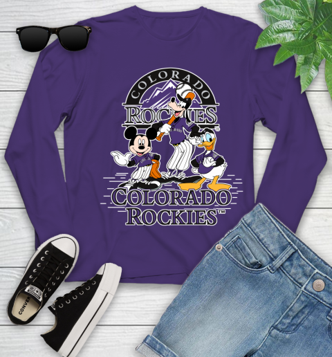 MLB Colorado Rockies Mickey Mouse Donald Duck Goofy Baseball T Shirt Youth Long Sleeve 4