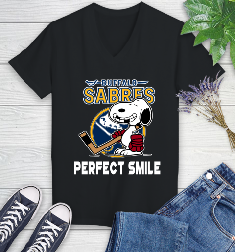 NHL Buffalo Sabres Snoopy Perfect Smile The Peanuts Movie Hockey T Shirt Women's V-Neck T-Shirt