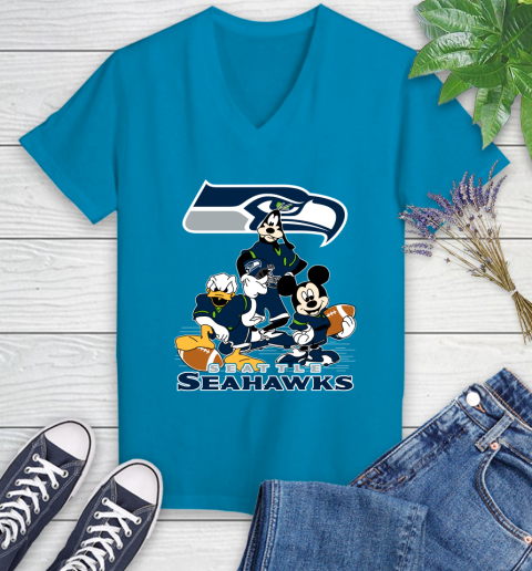 NFL Seattle Seahawks Mickey Mouse Donald Duck Goofy Football Shirt Women's V-Neck T-Shirt 7