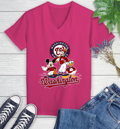MLB Washington Nationals Mickey Mouse Donald Duck Goofy Baseball T Shirt Women's V-Neck T-Shirt 9