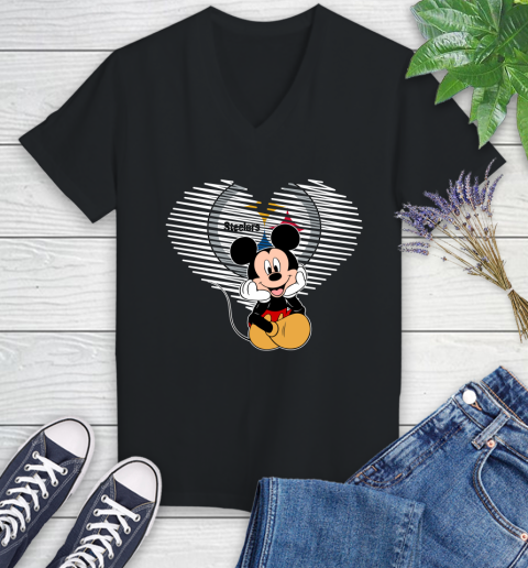 NFL Pittsburgh Steelers The Heart Mickey Mouse Disney Football T Shirt_000 Women's V-Neck T-Shirt
