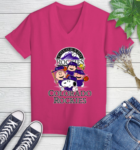 MLB Colorado Rockies Snoopy Charlie Brown Woodstock The Peanuts Movie Baseball T Shirt_000 Women's V-Neck T-Shirt 9