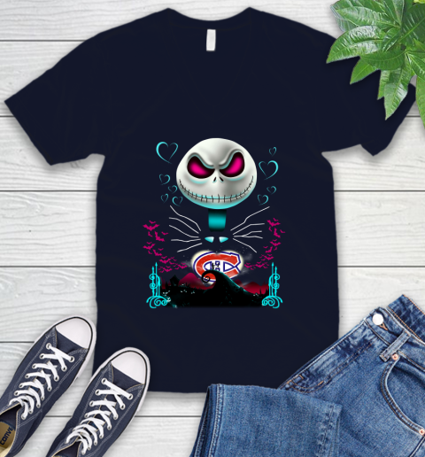 NHL Montreal Canadiens Jack Skellington Sally The Nightmare Before Christmas Hockey V-Neck T-Shirt 2