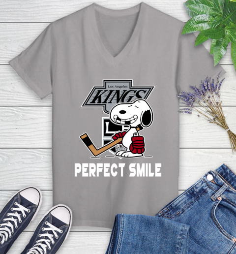 NHL Los Angeles Kings Snoopy Perfect Smile The Peanuts Movie Hockey T Shirt Women's V-Neck T-Shirt 4