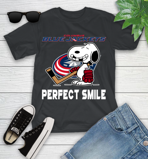 NHL Columbus Blue Jackets Snoopy Perfect Smile The Peanuts Movie Hockey T Shirt Youth T-Shirt