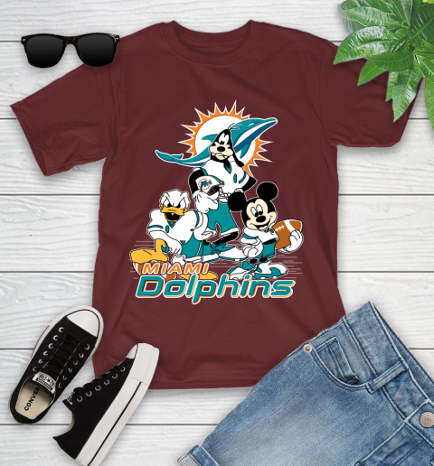 NFL Miami Dolphins Mickey Mouse Donald Duck Goofy Football Shirt Youth T-Shirt 14