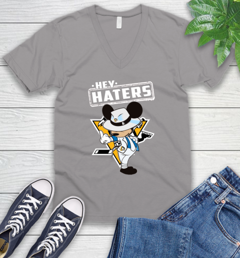 NHL Hey Haters Mickey Hockey Sports Pittsburgh Penguins V-Neck T-Shirt 3