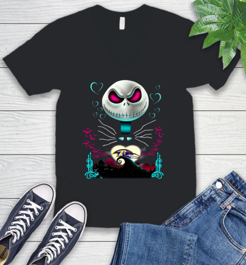 NFL Baltimore Ravens Jack Skellington Sally The Nightmare Before Christmas Football V-Neck T-Shirt
