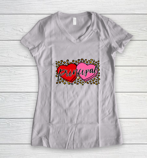 Leopard Candy Heart Principal Valentine Day Principal V Day Women's V-Neck T-Shirt