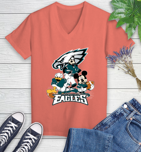 NFL Philadelphia Eagles Mickey Mouse Donald Duck Goofy Football Shirt Women's V-Neck T-Shirt 6