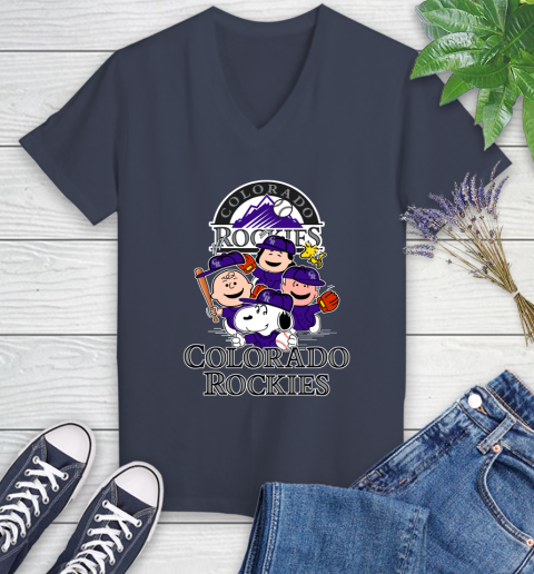 MLB Colorado Rockies Snoopy Charlie Brown Woodstock The Peanuts Movie Baseball T Shirt_000 Women's V-Neck T-Shirt 12