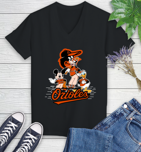 MLB Baltimore Orioles Mickey Mouse Donald Duck Goofy Baseball T Shirt Women's V-Neck T-Shirt