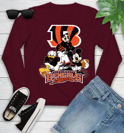 NFL Cincinnati Bengals Mickey Mouse Donald Duck Goofy Football Shirt Youth Long Sleeve 6