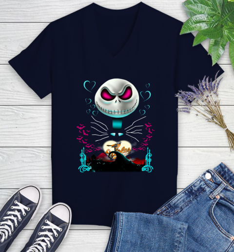 MLB Baltimore Orioles Jack Skellington Sally The Nightmare Before Christmas Baseball Women's V-Neck T-Shirt 2