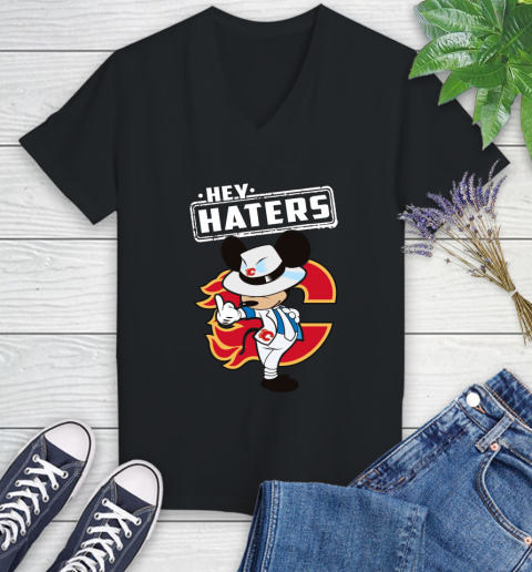 NHL Hey Haters Mickey Hockey Sports Calgary Flames Women's V-Neck T-Shirt