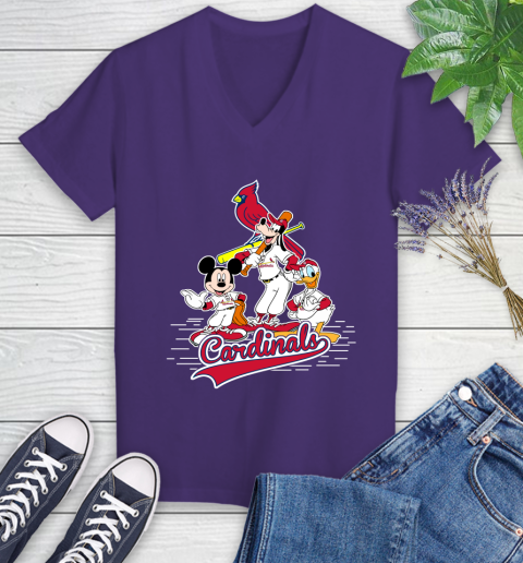 MLB St.Louis Cardinals Mickey Mouse Donald Duck Goofy Baseball T Shirt Women's V-Neck T-Shirt 3