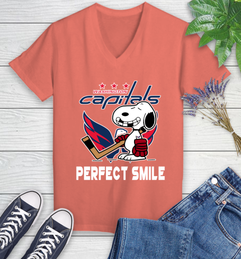 NHL Washington Capitals Snoopy Perfect Smile The Peanuts Movie Hockey T Shirt Women's V-Neck T-Shirt 6
