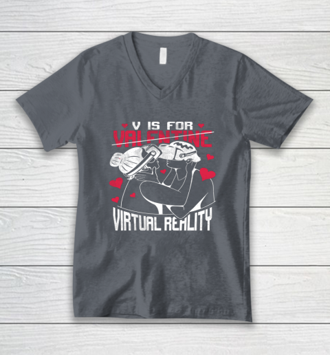 V Is For Virtual Reality Funny Valentine Couples Lovers Kiss V-Neck T-Shirt 3