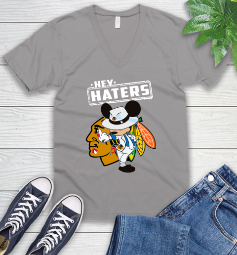 NHL Hey Haters Mickey Hockey Sports Chicago Blackhawks V-Neck T-Shirt 3