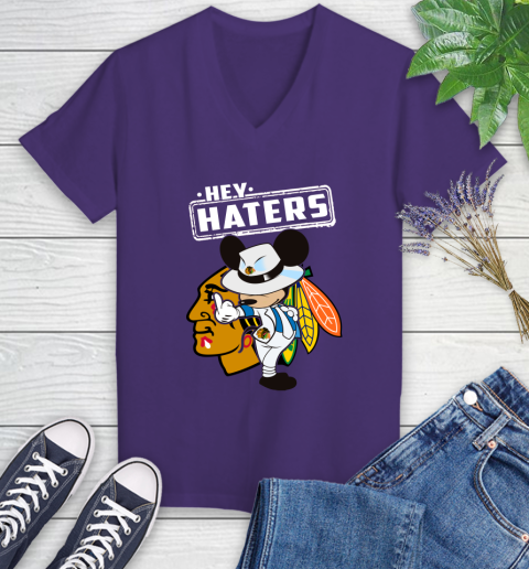 NHL Hey Haters Mickey Hockey Sports Chicago Blackhawks Women's V-Neck T-Shirt 3