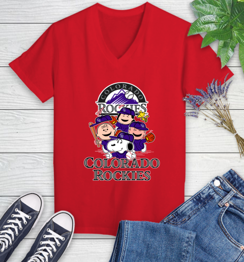 MLB Colorado Rockies Snoopy Charlie Brown Woodstock The Peanuts Movie Baseball T Shirt_000 Women's V-Neck T-Shirt 11