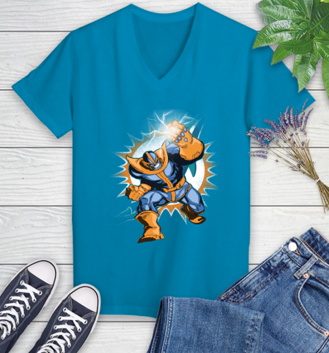 Miami Dolphins NFL Football Thanos Avengers Infinity War Marvel Women's V-Neck T-Shirt 7