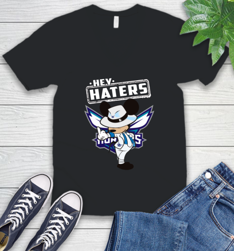 NBA Hey Haters Mickey Basketball Sports Charlotte Hornets V-Neck T-Shirt