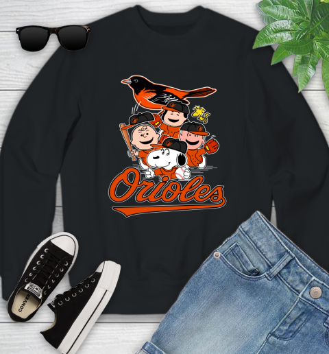MLB Baltimore Orioles Snoopy Charlie Brown Woodstock The Peanuts Movie Baseball T Shirt_000 Youth Sweatshirt