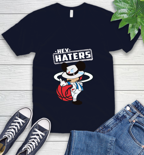 NBA Hey Haters Mickey Basketball Sports Miami Heat V-Neck T-Shirt 2