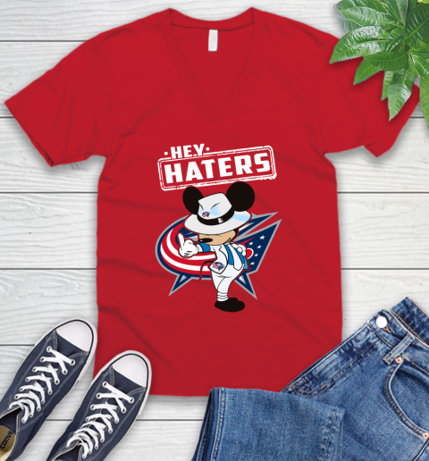 NHL Hey Haters Mickey Hockey Sports Columbus Blue Jackets V-Neck T-Shirt 6