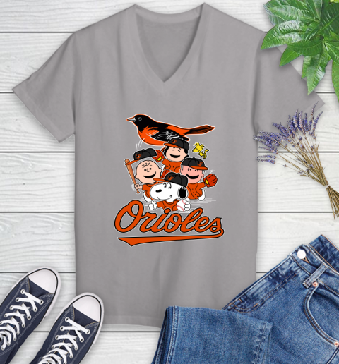 MLB Baltimore Orioles Snoopy Charlie Brown Woodstock The Peanuts Movie Baseball T Shirt_000 Women's V-Neck T-Shirt 4