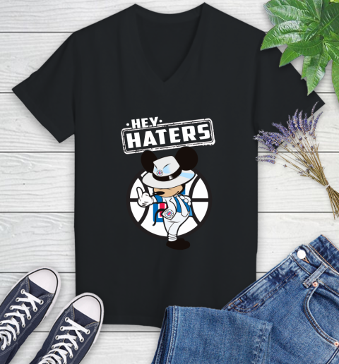 NBA Hey Haters Mickey Basketball Sports Los Angeles Clippers Women's V-Neck T-Shirt