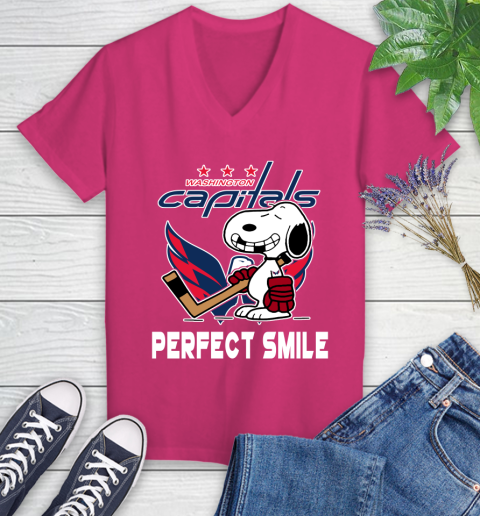 NHL Washington Capitals Snoopy Perfect Smile The Peanuts Movie Hockey T Shirt Women's V-Neck T-Shirt 9