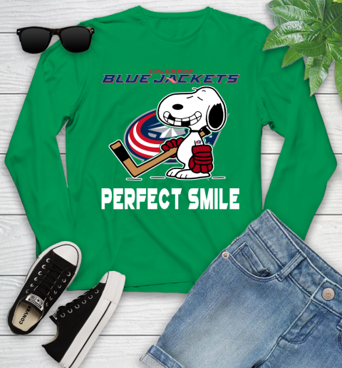 NHL Columbus Blue Jackets Snoopy Perfect Smile The Peanuts Movie Hockey T Shirt Youth Long Sleeve 7