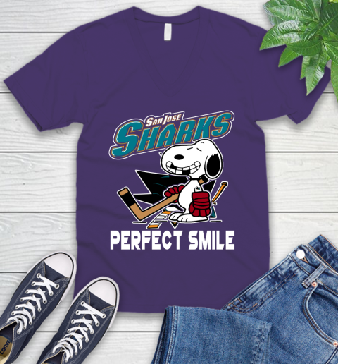 NHL San Jose Sharks Snoopy Perfect Smile The Peanuts Movie Hockey T Shirt V-Neck T-Shirt 9
