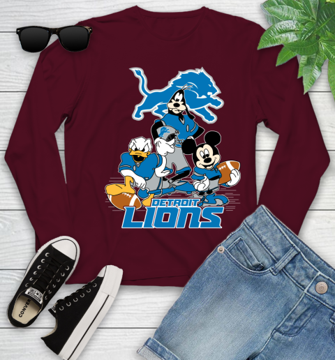 NFL Detroit Lions Mickey Mouse Donald Duck Goofy Football Shirt Youth Long Sleeve 6