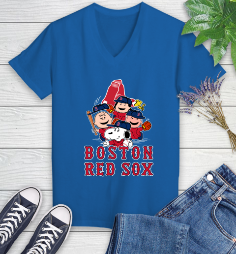 MLB Boston Red Sox Snoopy Charlie Brown Woodstock The Peanuts Movie Baseball T Shirt Women's V-Neck T-Shirt 10