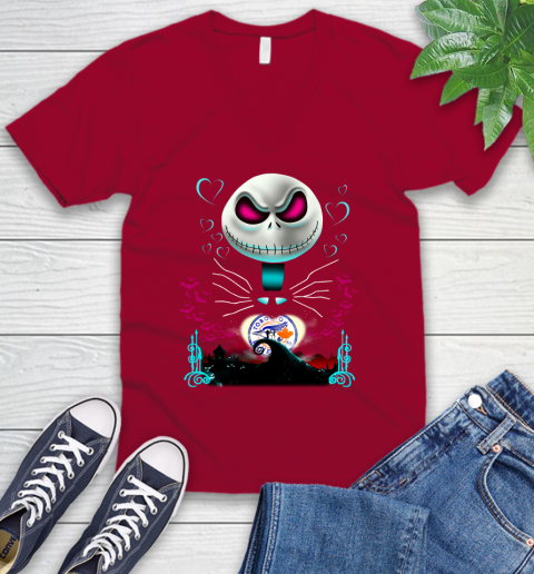MLB Toronto Blue Jays Jack Skellington Sally The Nightmare Before Christmas Baseball V-Neck T-Shirt 7
