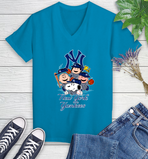MLB New York Yankees Snoopy Charlie Brown Woodstock The Peanuts Movie Baseball T Shirt_000 Women's V-Neck T-Shirt 7
