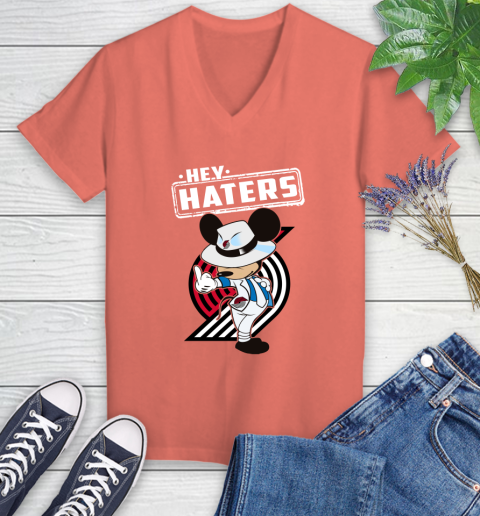 NBA Hey Haters Mickey Basketball Sports Portland Trail Blazers Women's V-Neck T-Shirt 6