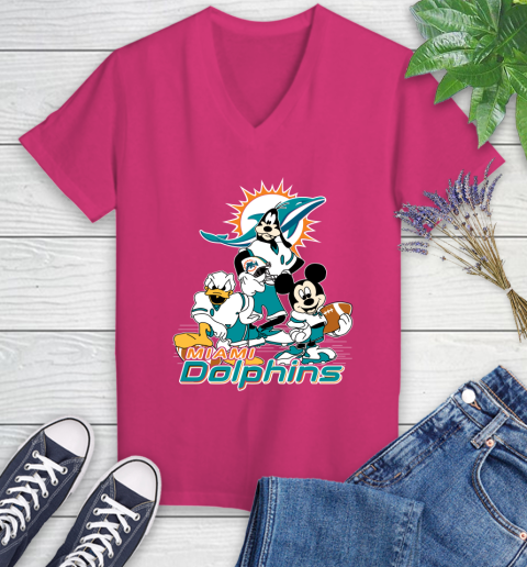 NFL Miami Dolphins Mickey Mouse Donald Duck Goofy Football Shirt Women's V-Neck T-Shirt 9